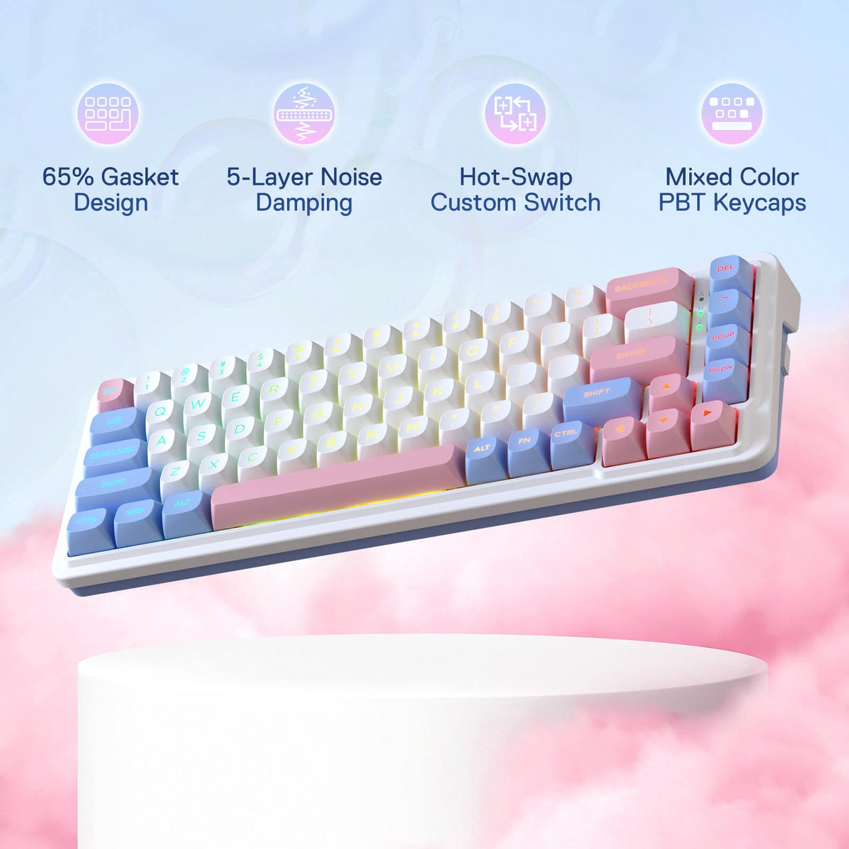 Redragon EU K709 PRO 65% Wireless Gasket RGB Gaming Keyboard, 68 Keys Hot-Swap Compact Mechanical Keyboard w/Free-Mod Socket, 5-Layer Noise Dampening & Round PBT Keycaps, Quiet Custom Linear Switch