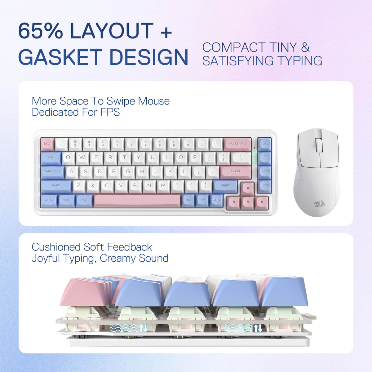 Redragon EU K709 PRO 65% Wireless Gasket RGB Gaming Keyboard, 68 Keys Hot-Swap Compact Mechanical Keyboard w/Free-Mod Socket, 5-Layer Noise Dampening & Round PBT Keycaps, Quiet Custom Linear Switch