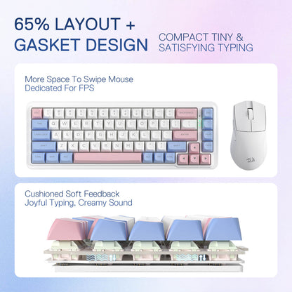 Redragon EU K709 PRO 65% Wireless Gasket RGB Gaming Keyboard, 68 Keys Hot-Swap Compact Mechanical Keyboard w/Free-Mod Socket, 5-Layer Noise Dampening & Round PBT Keycaps, Quiet Custom Linear Switch