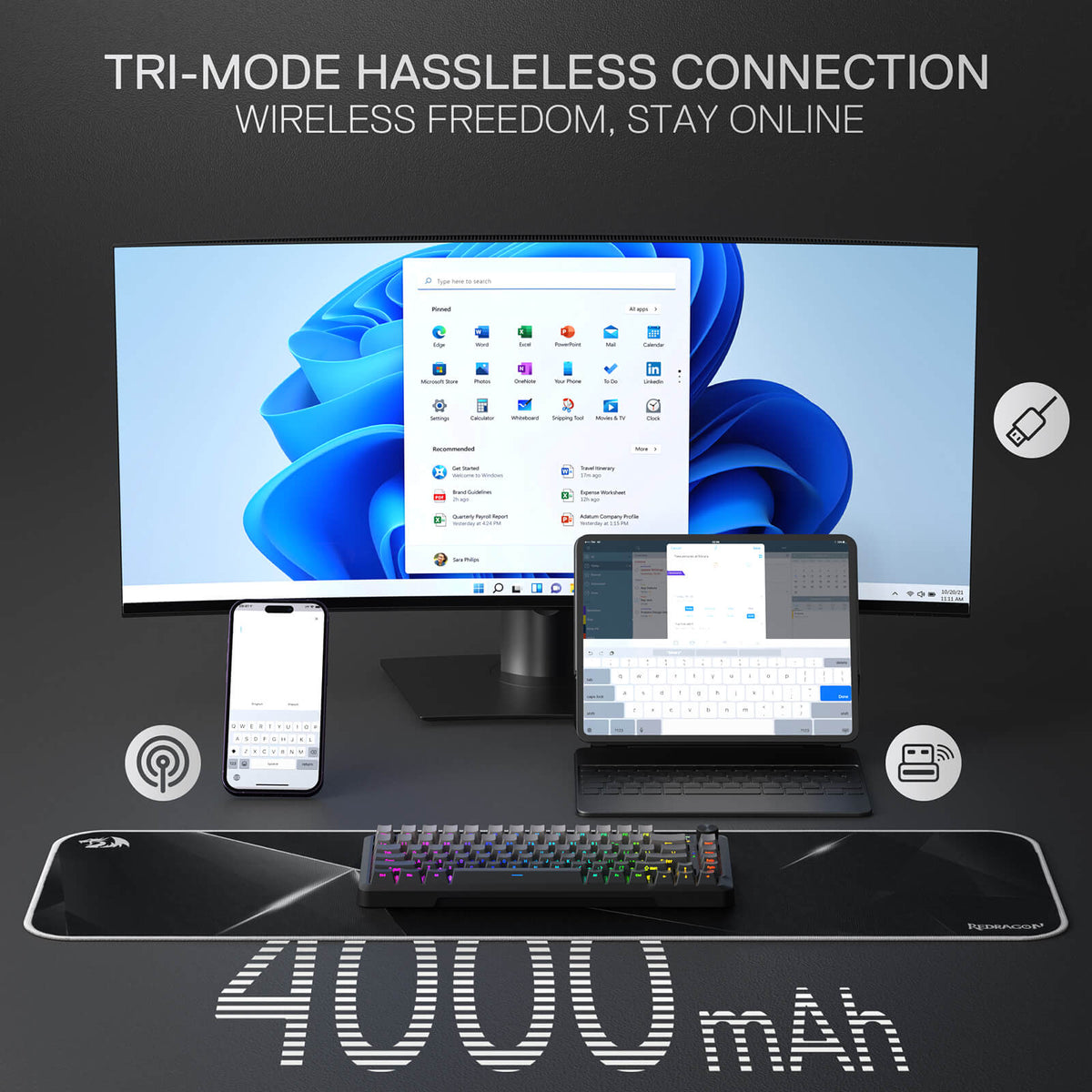 Technology product with screen displaying software interface, keyboard, phone, and laptop on a dark background.