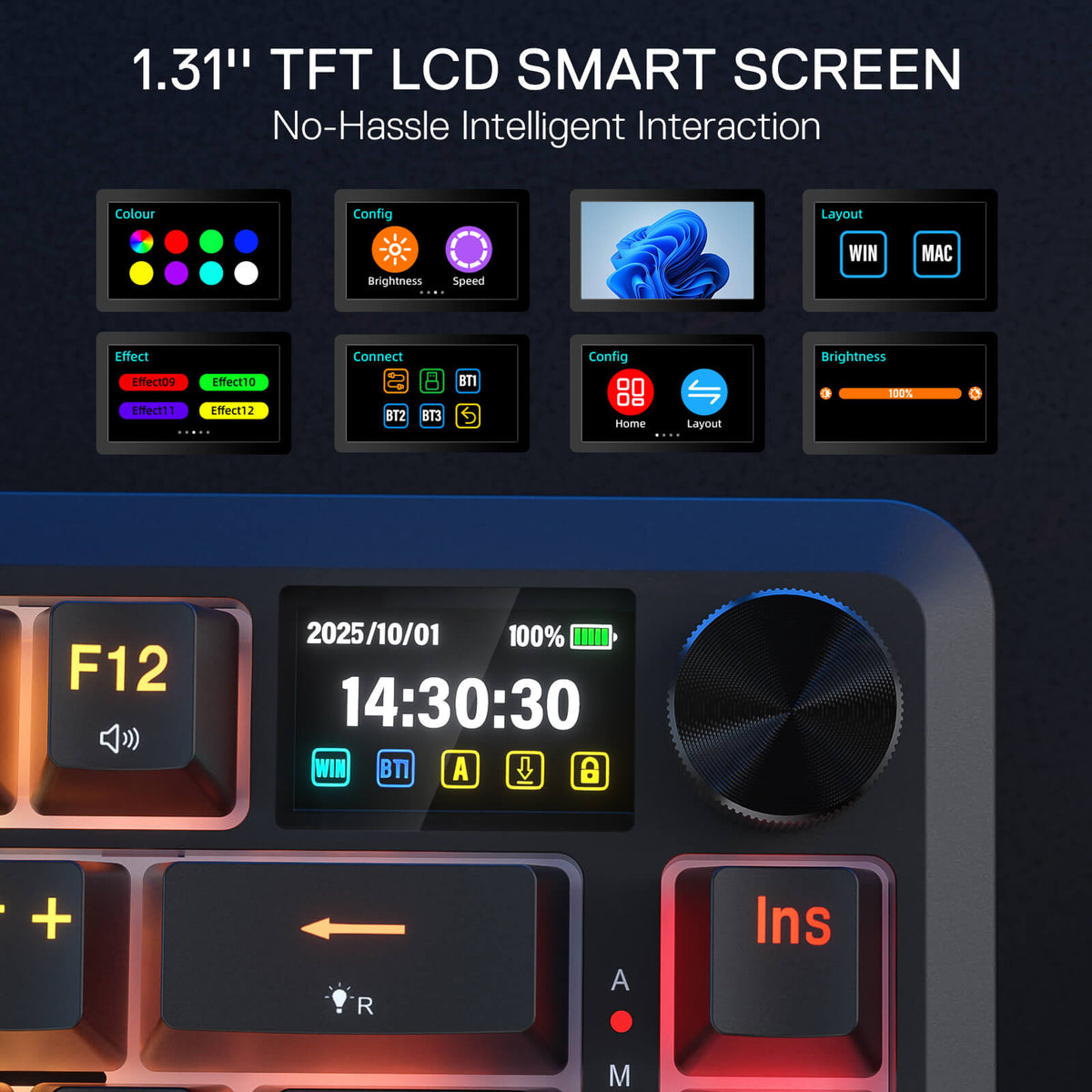 TFT LCD smart screen with various display options and control buttons on a dark background