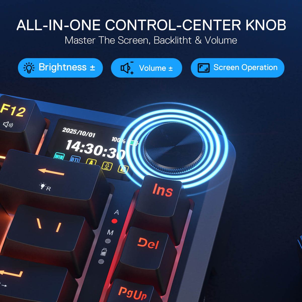 Keyboard with a central control knob for brightness, volume, and screen operation on a dark background.