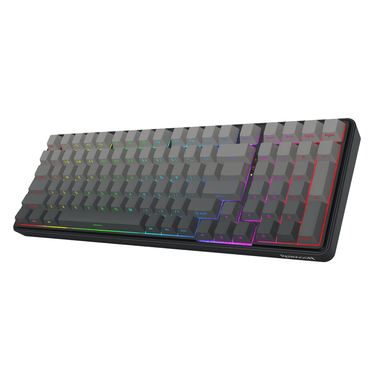 The K744 PRO keyboard (with gradient grey keycaps and RGB backlighting) is presented in a clear, top-down view, highlighting its full key layout and sleek black frame.