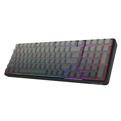 The K744 PRO keyboard (with gradient grey keycaps and RGB backlighting) is presented in a clear, top-down view, highlighting its full key layout and sleek black frame.