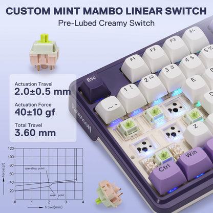 Redragon EU Custom mint mambo linear switch with keyboard and technical specifications on a light blue background