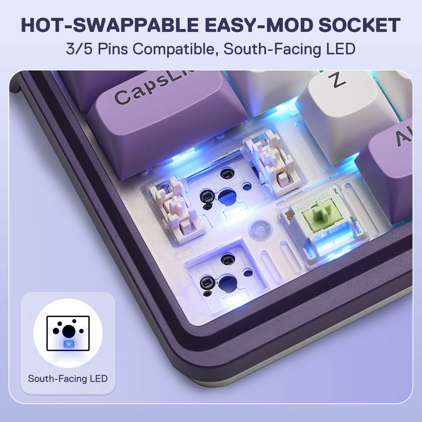 Redragon EU, Hot-swappable easy-mod socket with LED lighting on a keyboard base.