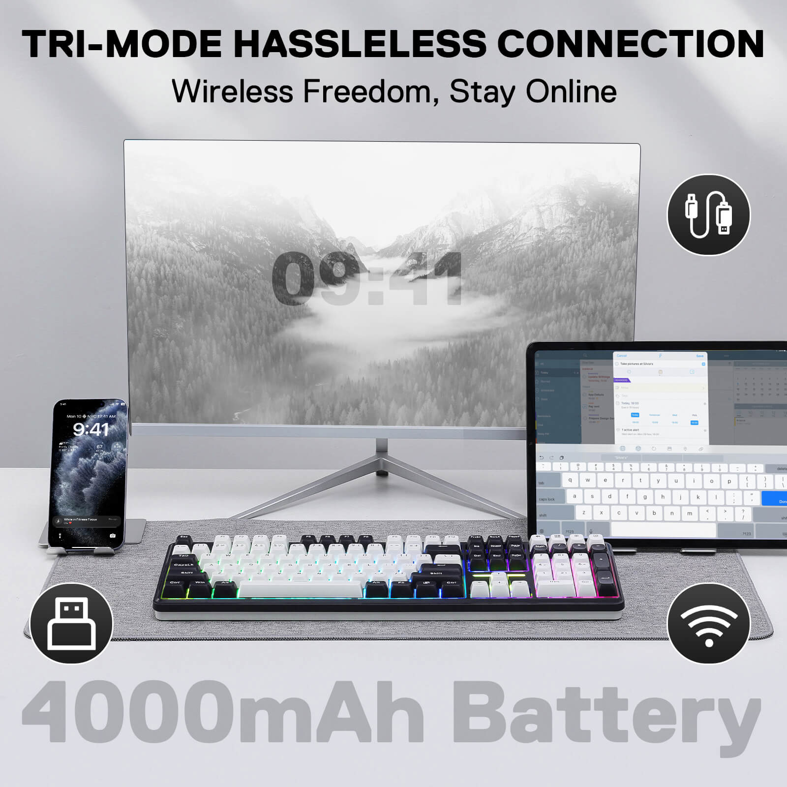 Redragon EU, Workstation setup with computer monitor, keyboard, and smartphone on a desk, emphasizing wireless connectivity and battery power.