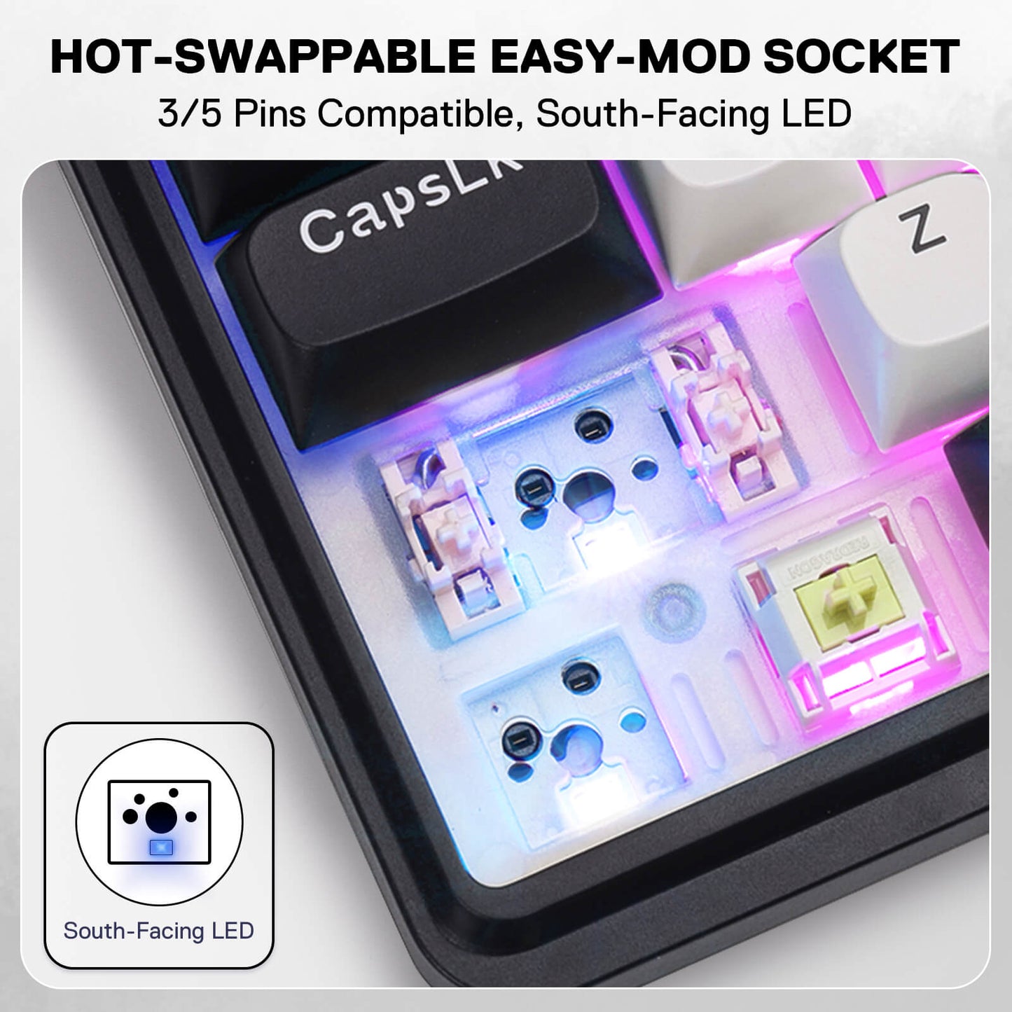 Redragon EU, Hot-swappable easy-mod socket with South-Facing LED on a white background