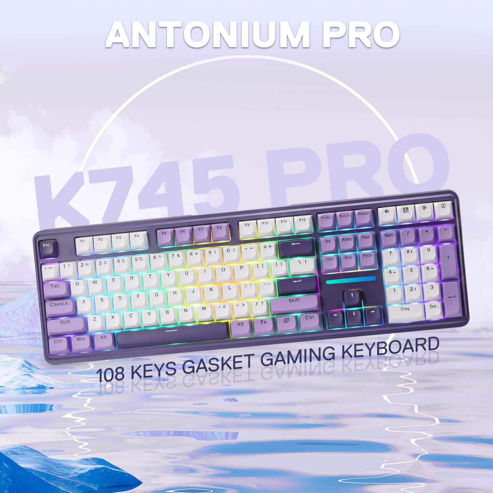 Redragon EU, Gaming keyboard with colorful backlighting on a light blue gradient background, featuring 'Antonium Pro' branding.