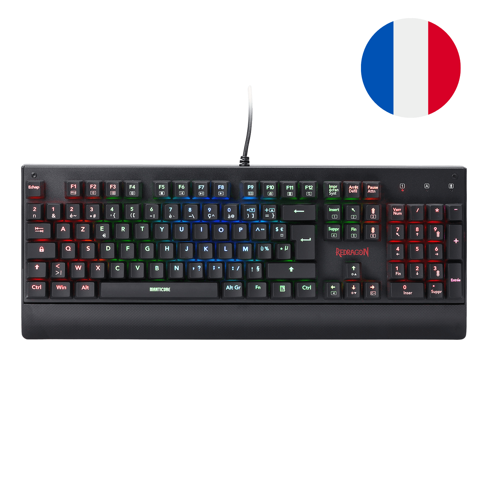 The Redragon Manticore mechanical keyboard is shown with its multi-coloured RGB lighting, a built-in wrist rest and a detachable blue switch, demonstrating its modular design.
