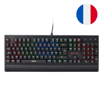 The Redragon Manticore mechanical keyboard is shown with its multi-coloured RGB lighting, a built-in wrist rest and a detachable blue switch, demonstrating its modular design.
