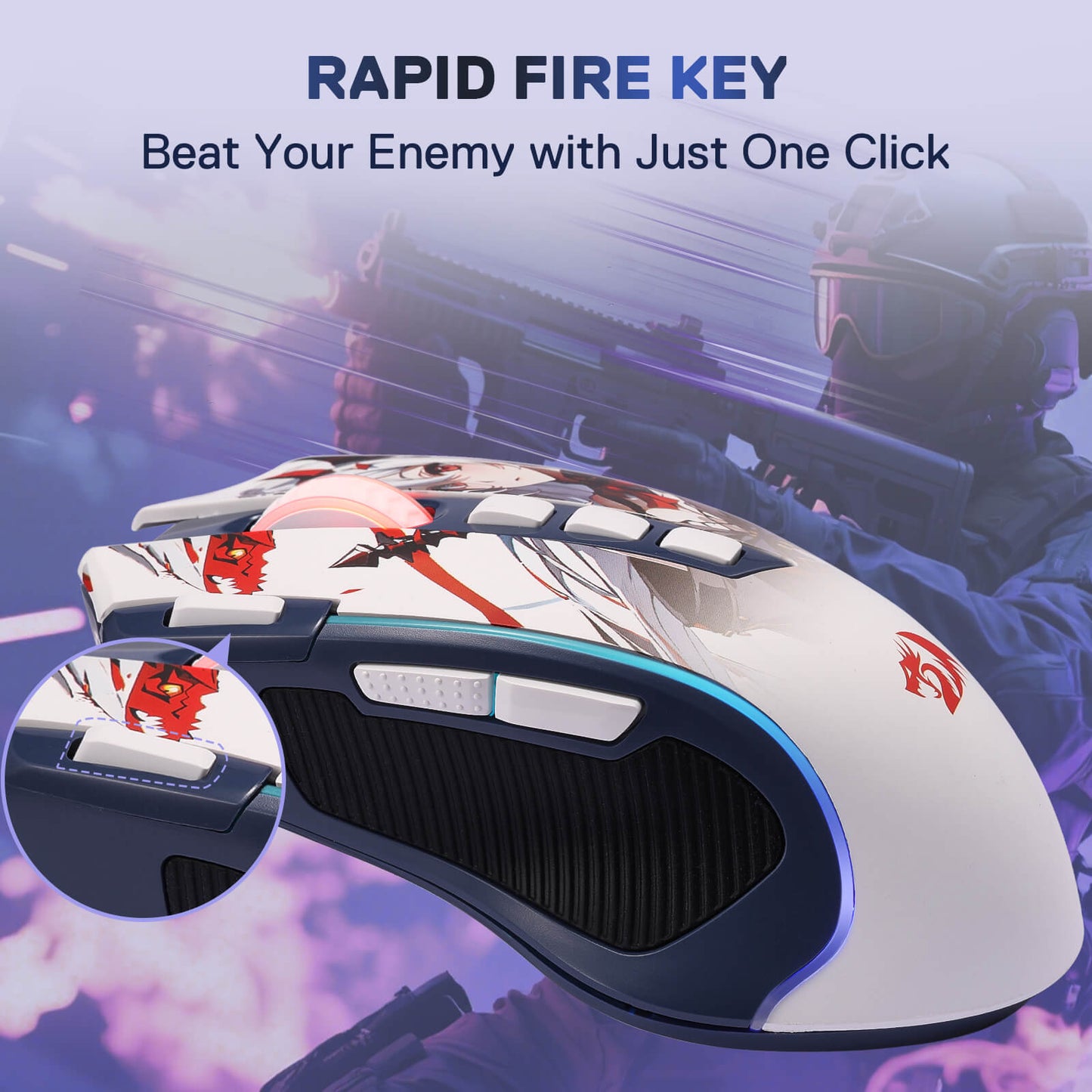 Redragon EU, Gaming mouse with rapid fire key feature on a blurred background of a person playing video games.