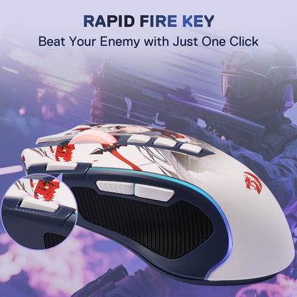 Redragon EU, Gaming mouse with rapid fire key feature on a blurred background of a person playing video games.