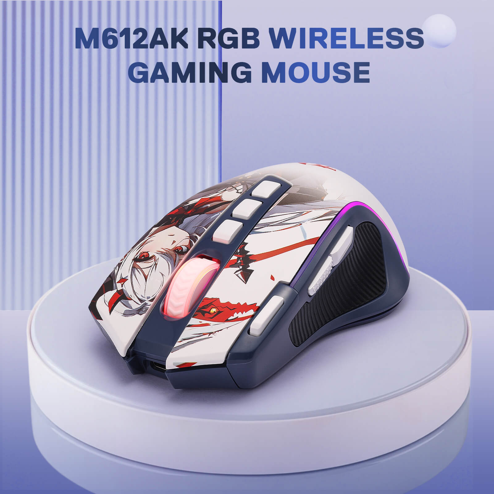Redragon EU, M612AK RGB wireless gaming mouse with anime design on a blue background