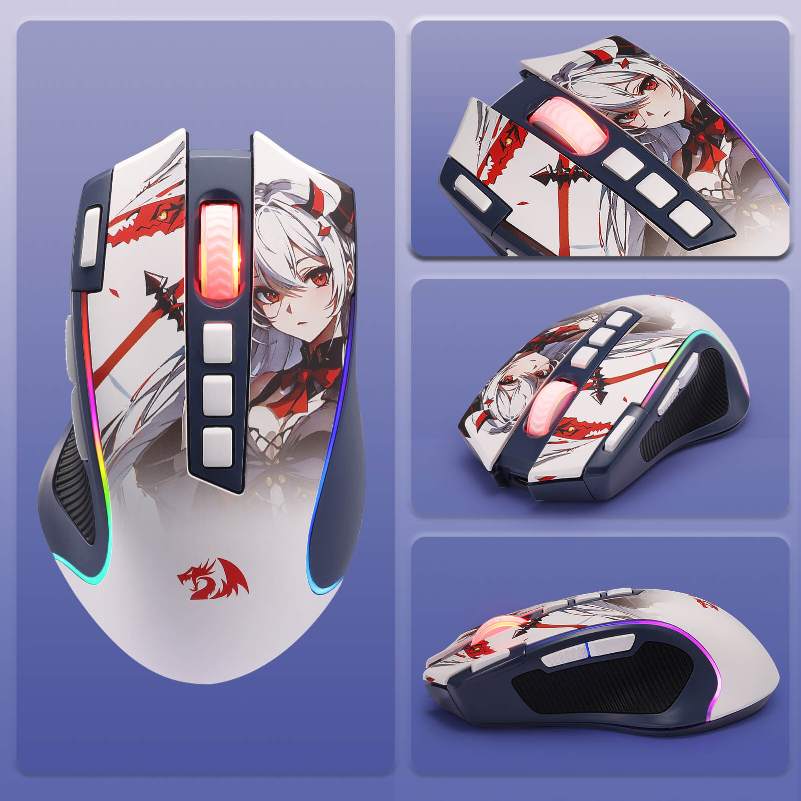 Redragon EU, Gaming mouse with anime character design on a purple background
