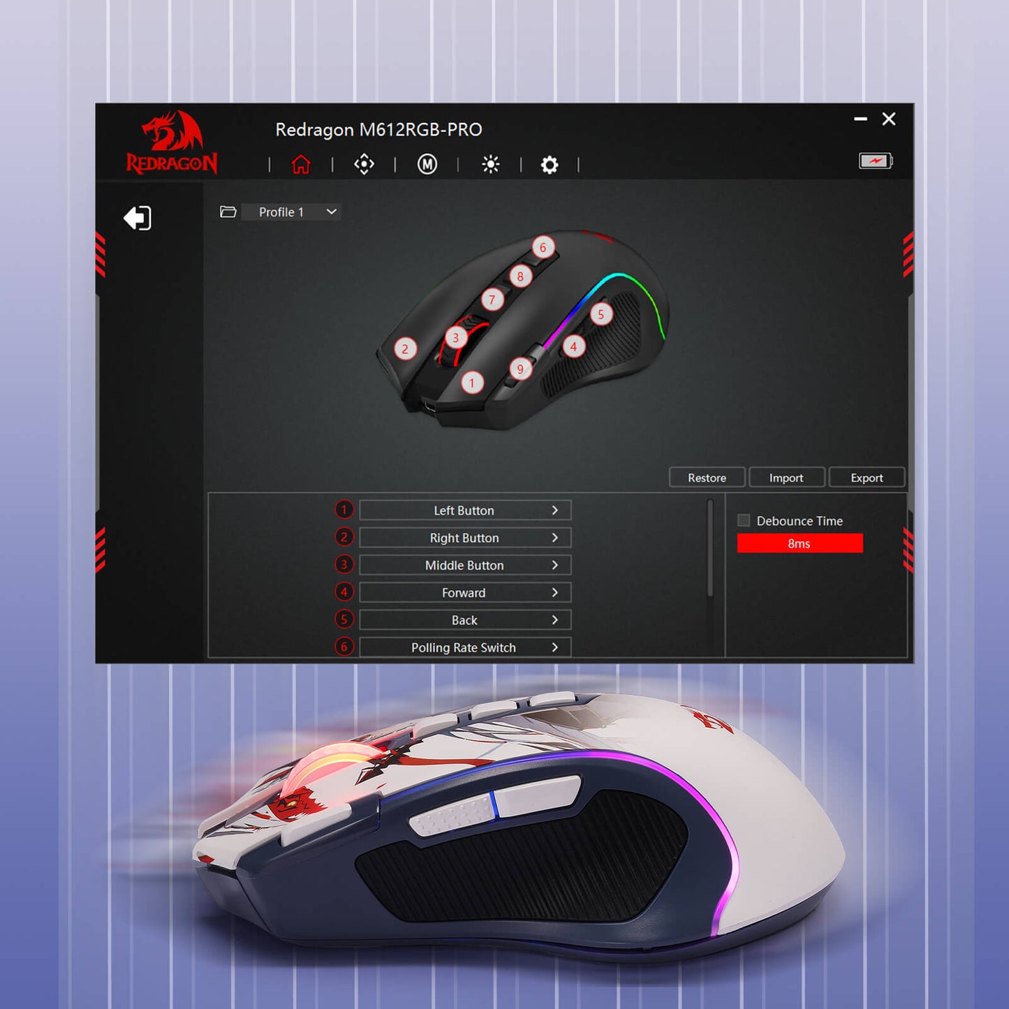 Redragon EU, Gaming mouse with RGB lighting on a computer screen displaying Redragon software interface.