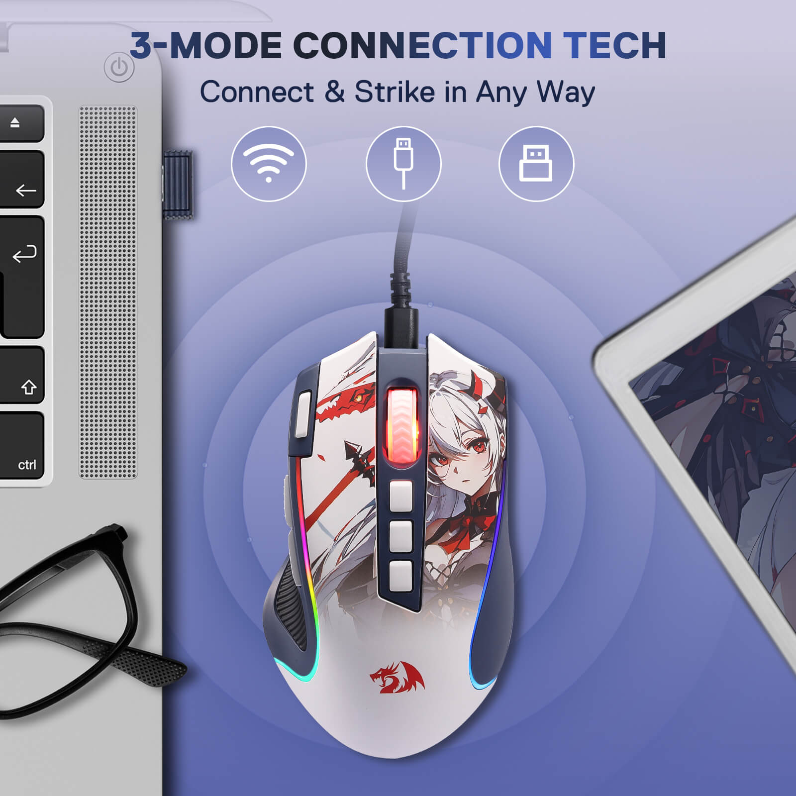 Redragon EU M612 gaming mouse with anime design on a blue background, featuring 3-mode connection technology.