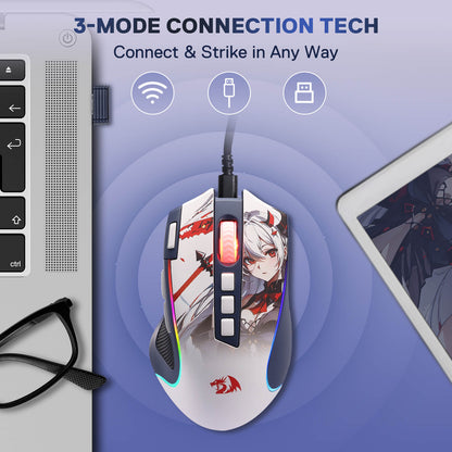 Redragon EU M612 gaming mouse with anime design on a blue background, featuring 3-mode connection technology.