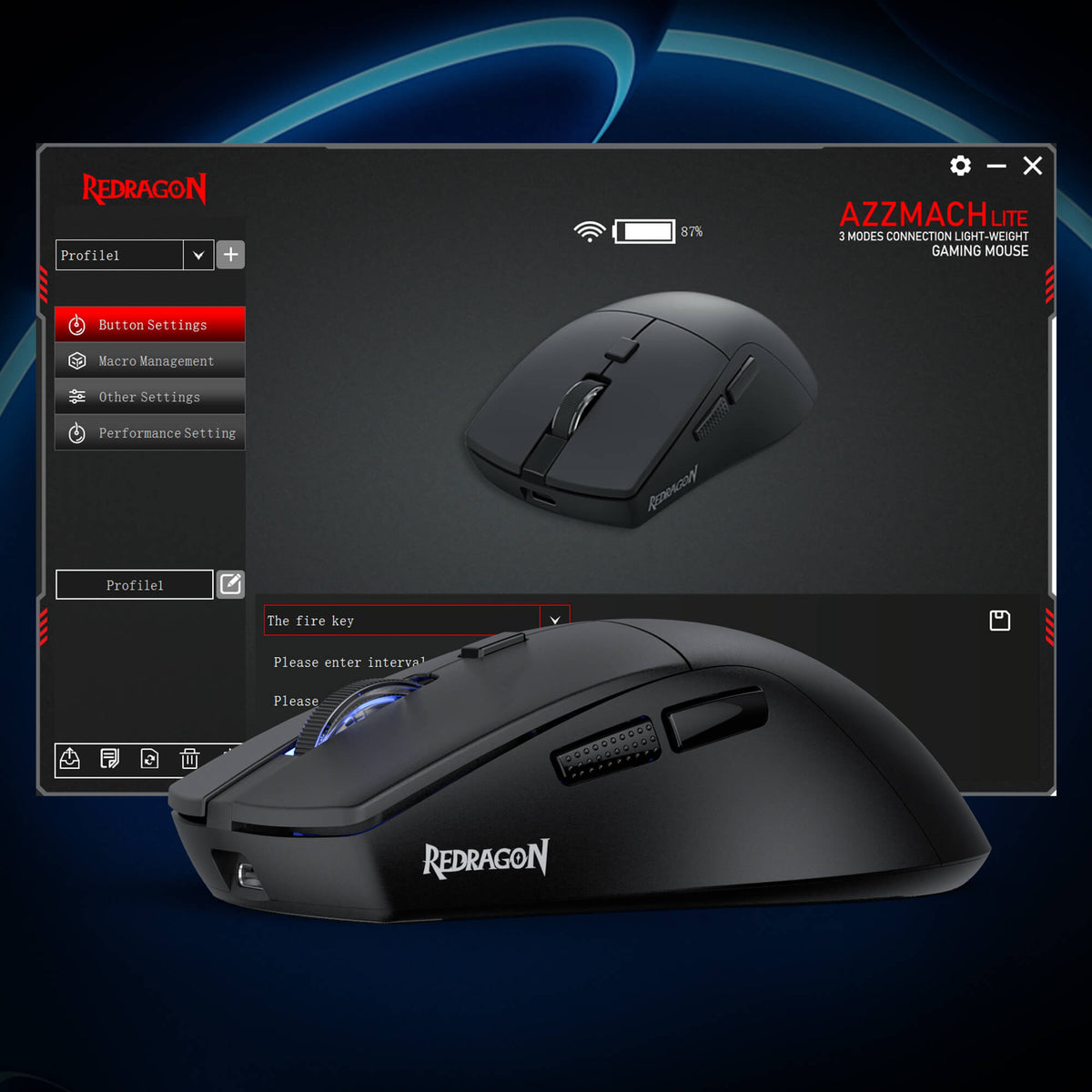 Black gaming mouse with Redragon EU branding on a dark background