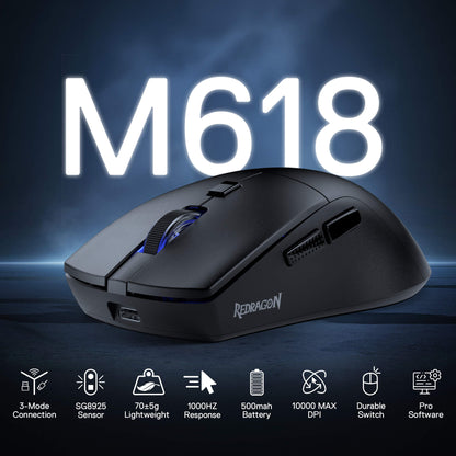 Black gaming mouse with Redragon EU branding on a dark blue background, featuring product specifications below.