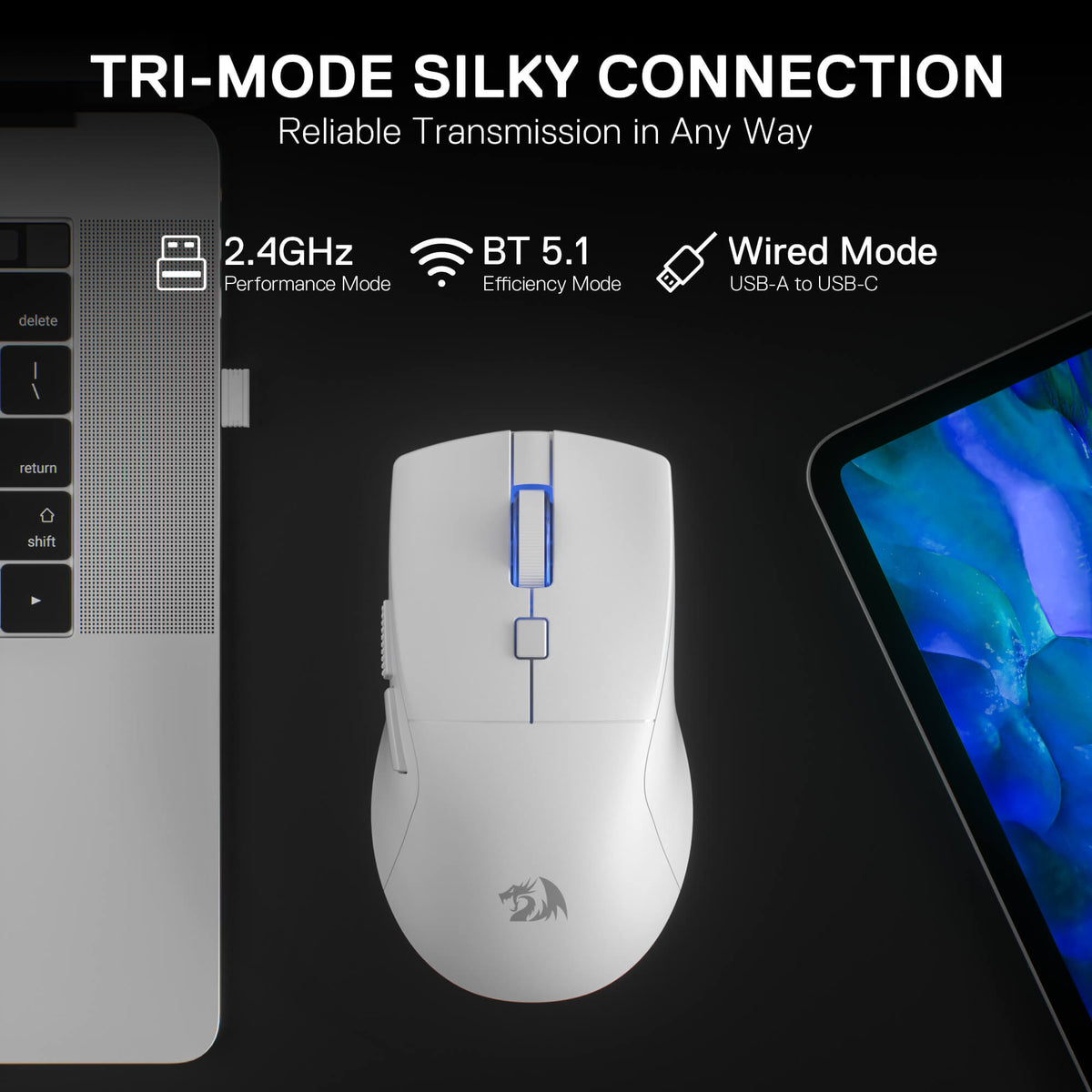 White gaming mouse with connectivity modes on a black background