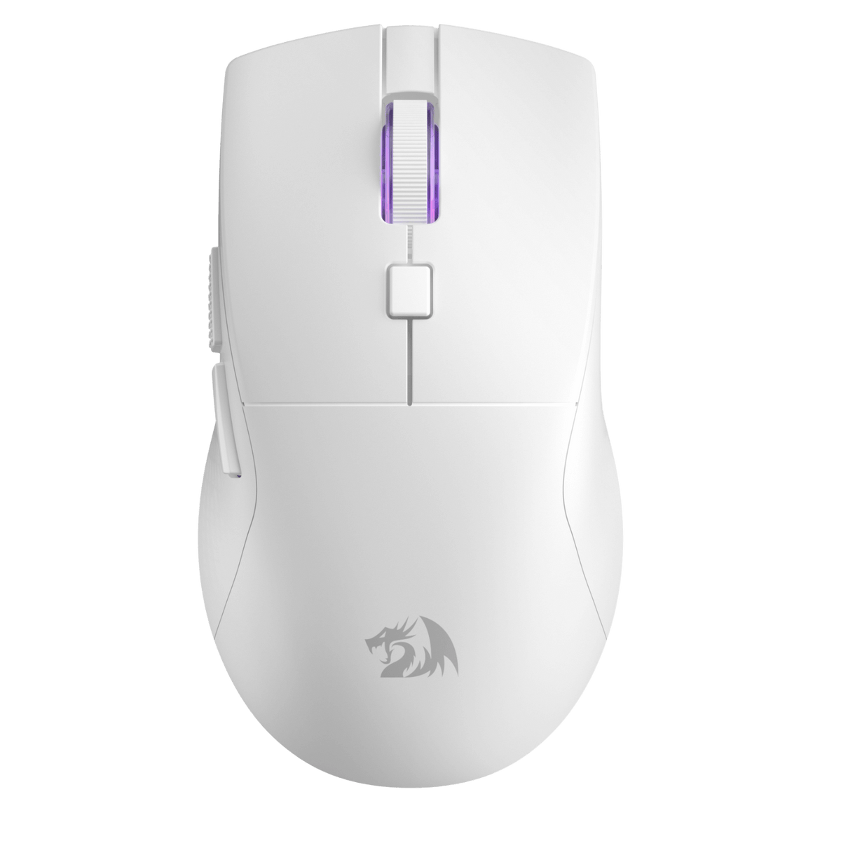White gaming mouse with a visible brand logo on a white background