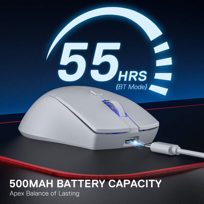 Redragon EU white gaming mouse with charging cable on a dark background, displaying battery life and capacity information