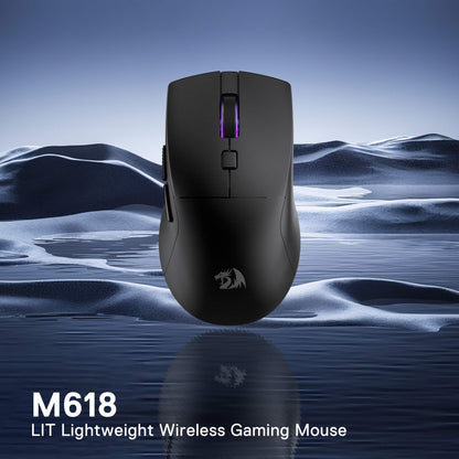 Redragon EU M618 Black gaming mouse with a logo on a reflective surface with mountain background