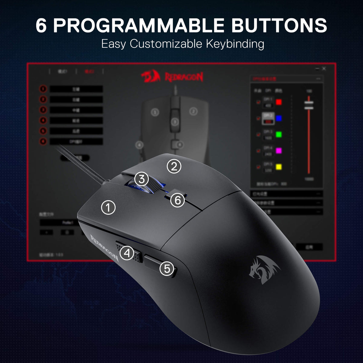 Black gaming mouse with labeled buttons and customizable keybinding software on a dark background