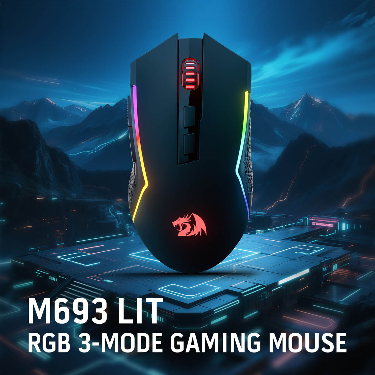 Redragon EU M693 LIT Wireless Gaming Mouse, 12800 DPI Mice w/ 3-Mode Connection, BT & 2.4G Wireless, 7 Macro Buttons, Reliable Power Capacity for PC/Mac/Laptop