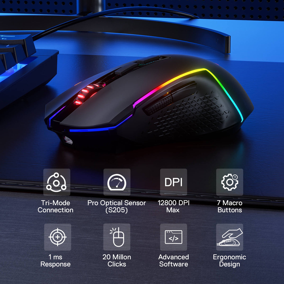Redragon EU M693 LIT Wireless Gaming Mouse, 12800 DPI Mice w/ 3-Mode Connection, BT & 2.4G Wireless, 7 Macro Buttons, Reliable Power Capacity for PC/Mac/Laptop