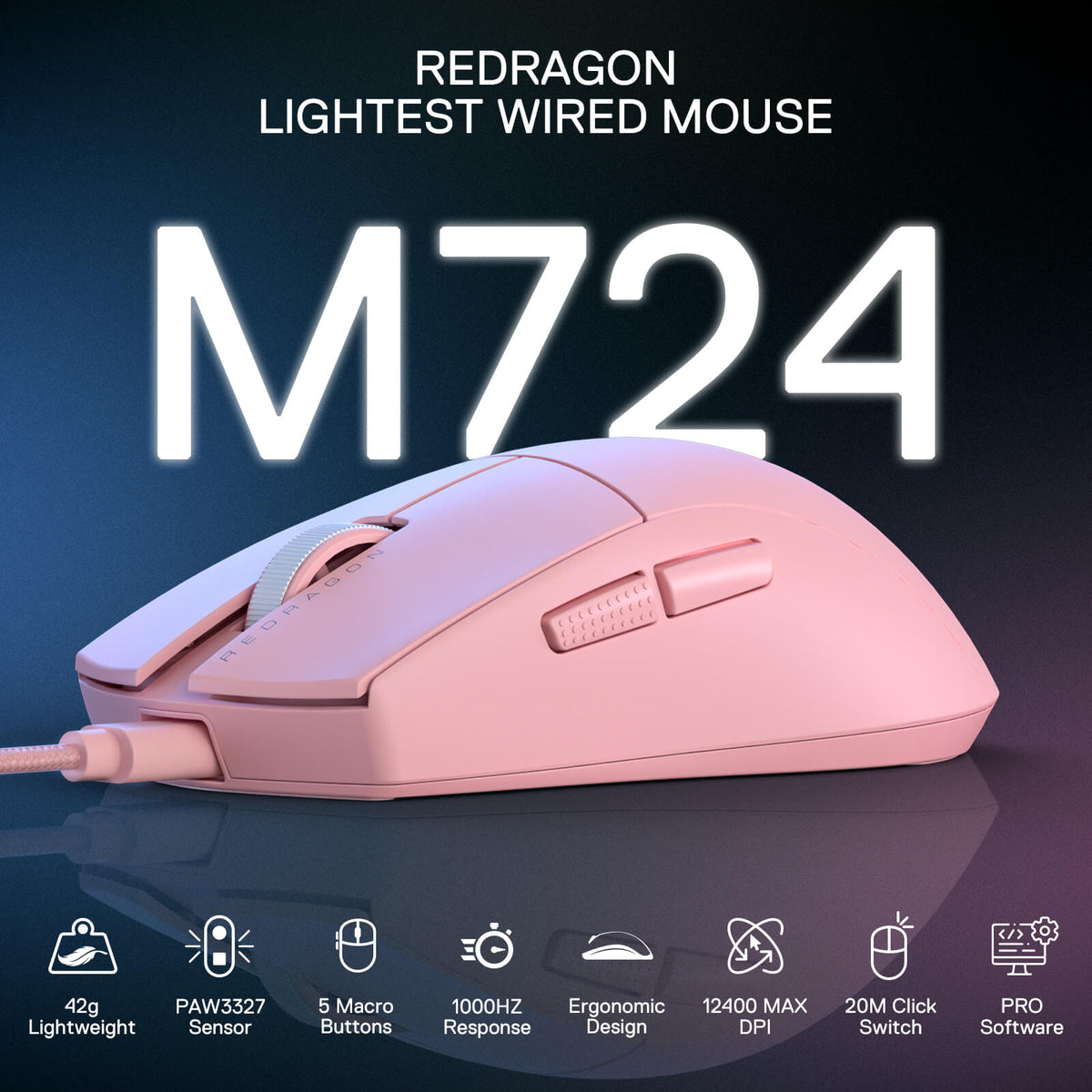 Redragon EU M724 Wired Gaming Mouse, 42G Ultra-Light 12,400 Max DPI Optical Gaming Mouse with 5 Programmable Buttons, Ergonomic Natural Grip Build, Software Supports DIY Keybinds & DPI