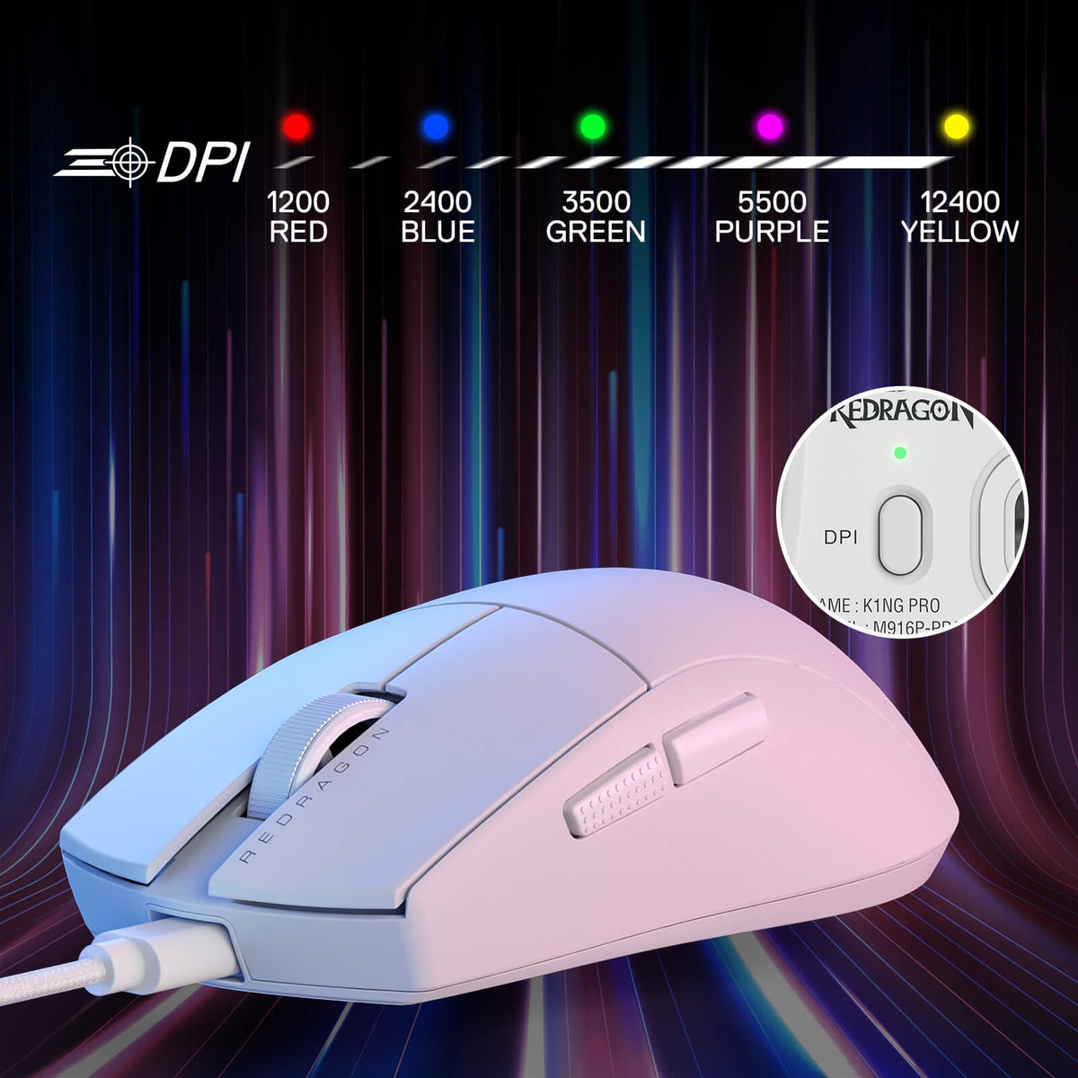 Redragon EU M724 Wired Gaming Mouse, 42G Ultra-Light 12,400 Max DPI Optical Gaming Mouse with 5 Programmable Buttons, Ergonomic Natural Grip Build, Software Supports DIY Keybinds & DPI