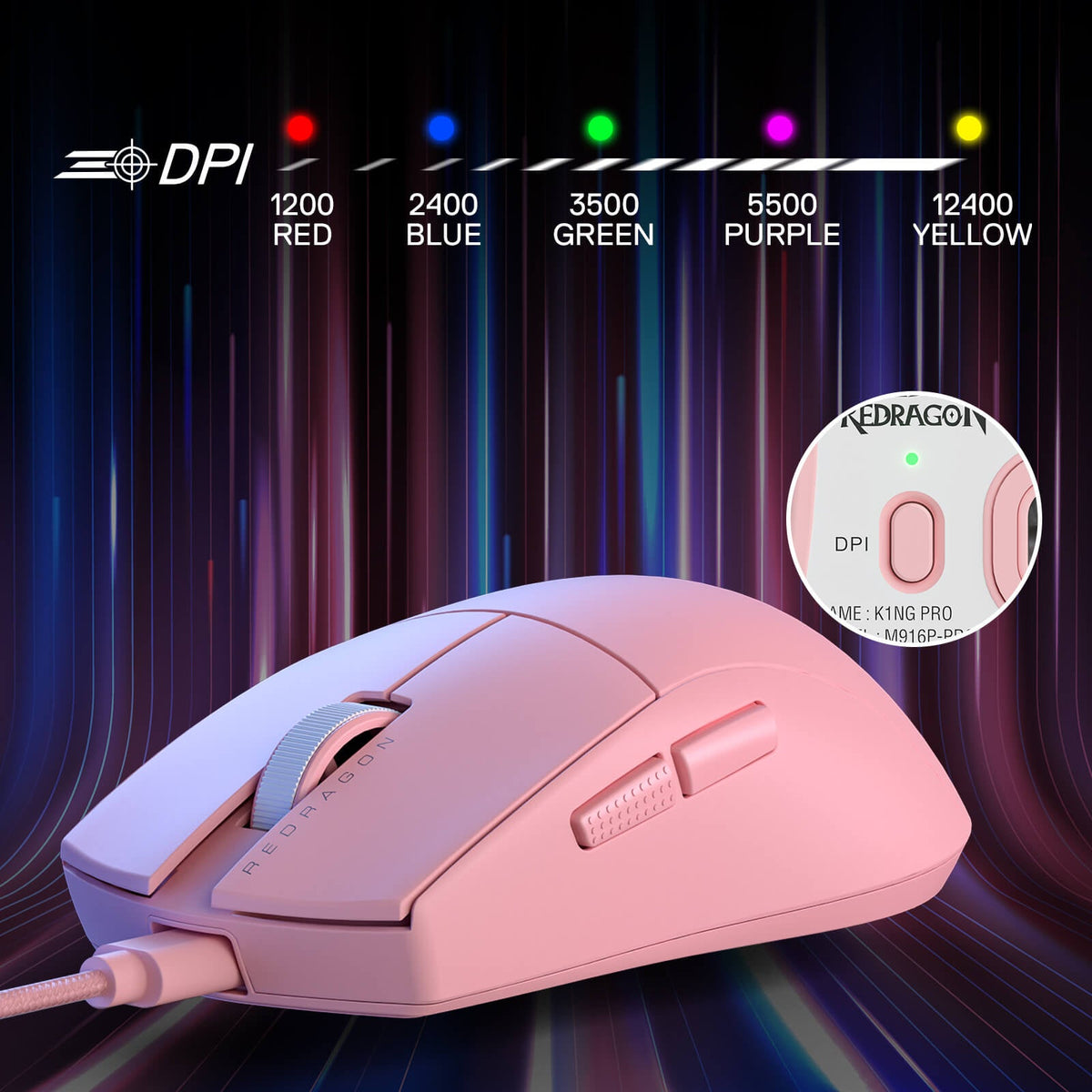 Redragon EU M724 Wired Gaming Mouse, 42G Ultra-Light 12,400 Max DPI Optical Gaming Mouse with 5 Programmable Buttons, Ergonomic Natural Grip Build, Software Supports DIY Keybinds & DPI