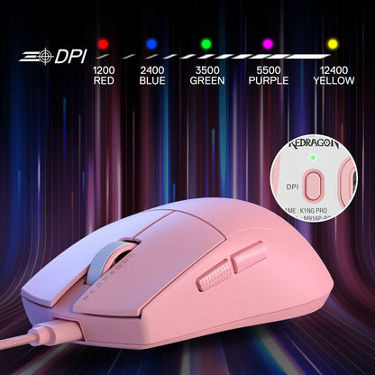 Redragon EU M724 Wired Gaming Mouse, 42G Ultra-Light 12,400 Max DPI Optical Gaming Mouse with 5 Programmable Buttons, Ergonomic Natural Grip Build, Software Supports DIY Keybinds & DPI