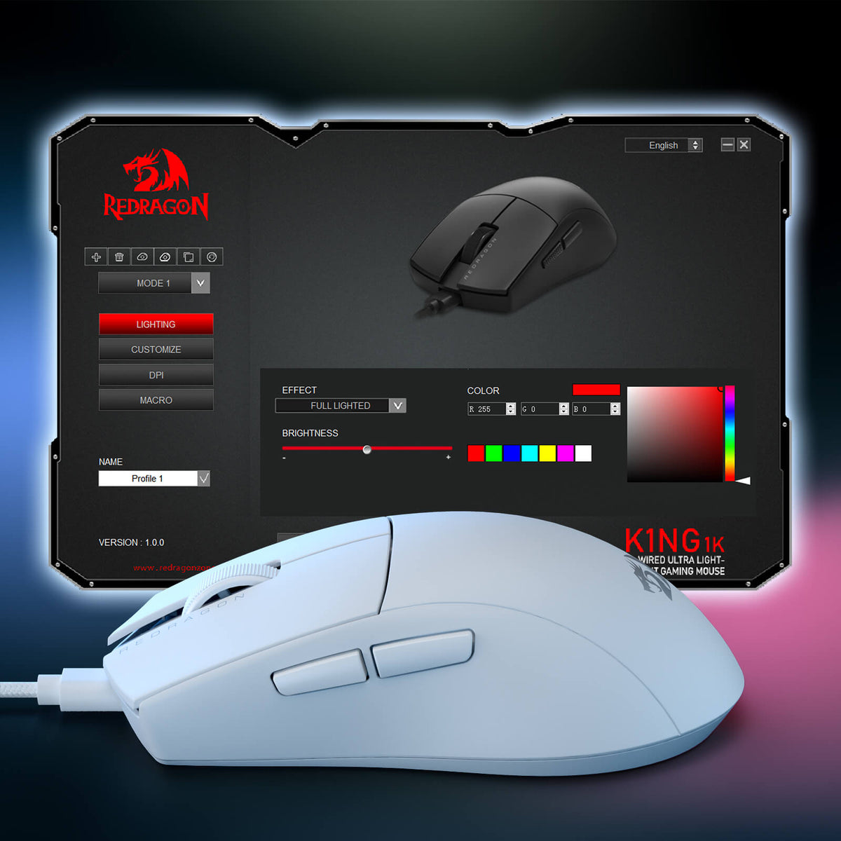 Redragon EU M724 Wired Gaming Mouse, 42G Ultra-Light 12,400 Max DPI Optical Gaming Mouse with 5 Programmable Buttons, Ergonomic Natural Grip Build, Software Supports DIY Keybinds & DPI