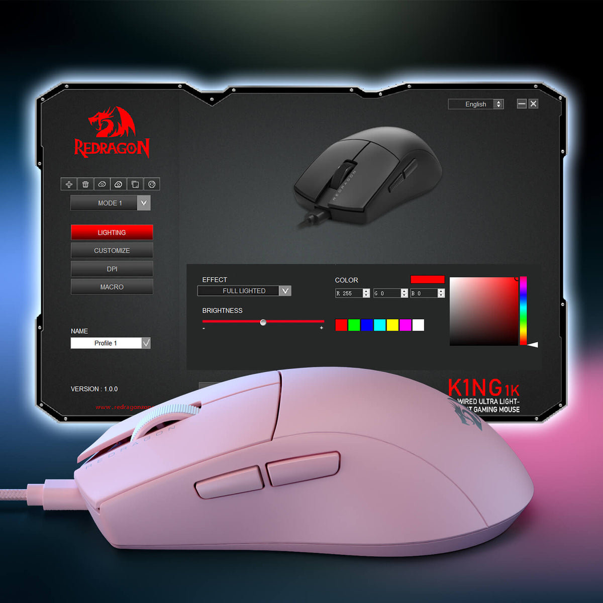 Redragon EU M724 Wired Gaming Mouse, 42G Ultra-Light 12,400 Max DPI Optical Gaming Mouse with 5 Programmable Buttons, Ergonomic Natural Grip Build, Software Supports DIY Keybinds & DPI