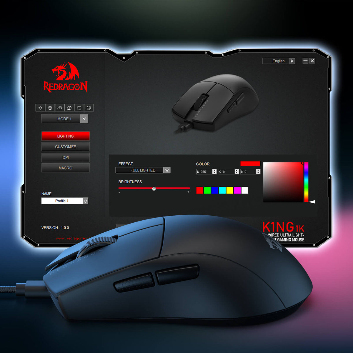 Redragon EU M724 Wired Gaming Mouse, 42G Ultra-Light 12,400 Max DPI Optical Gaming Mouse with 5 Programmable Buttons, Ergonomic Natural Grip Build, Software Supports DIY Keybinds & DPI