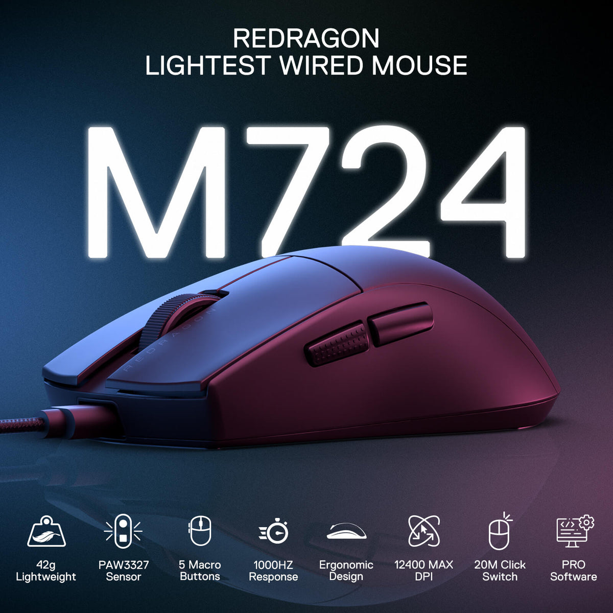 Redragon EU M724 Wired Gaming Mouse, 42G Ultra-Light 12,400 Max DPI Optical Gaming Mouse with 5 Programmable Buttons, Ergonomic Natural Grip Build, Software Supports DIY Keybinds & DPI