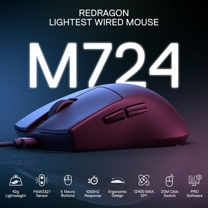 Redragon EU M724 Wired Gaming Mouse, 42G Ultra-Light 12,400 Max DPI Optical Gaming Mouse with 5 Programmable Buttons, Ergonomic Natural Grip Build, Software Supports DIY Keybinds & DPI