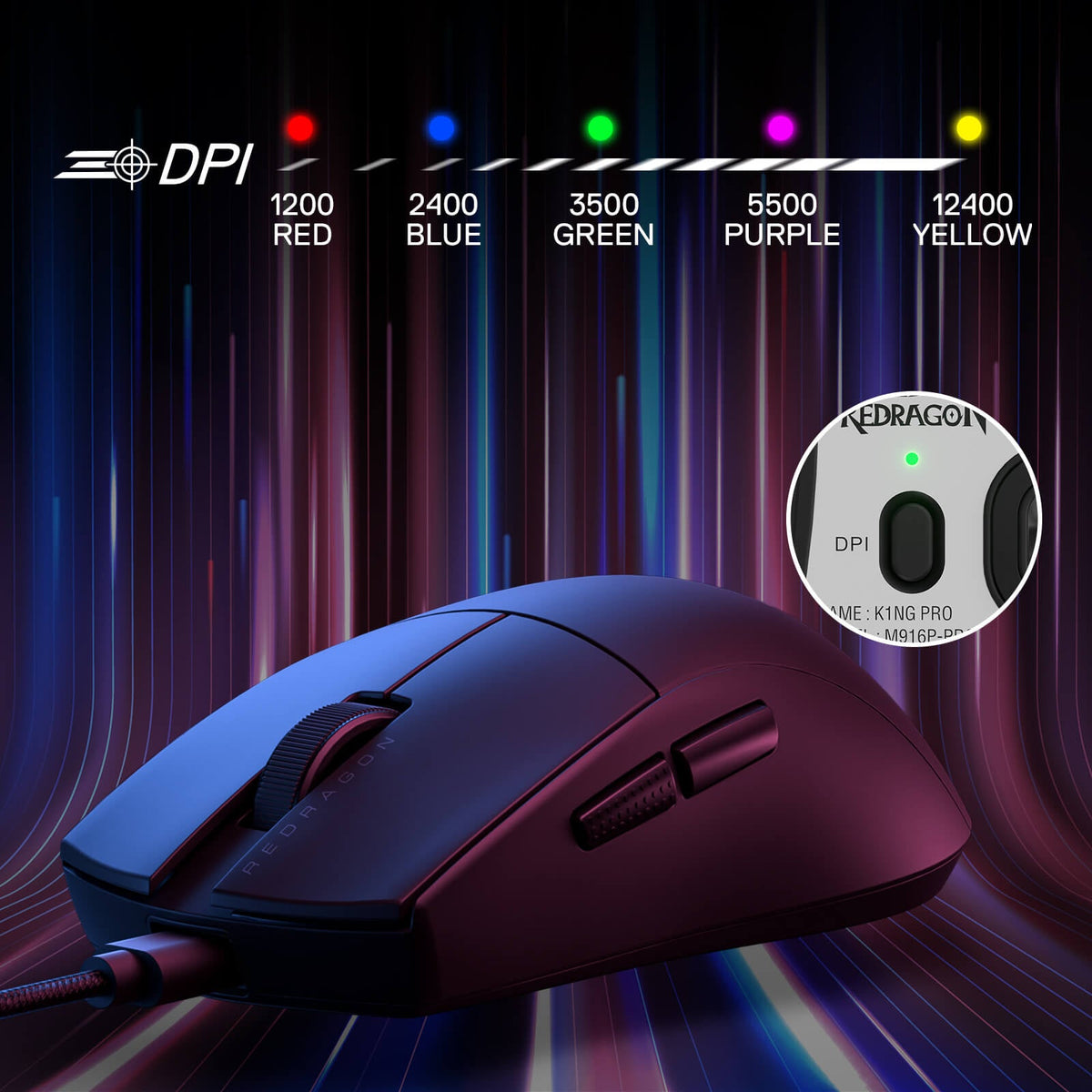 Redragon EU M724 Wired Gaming Mouse, 42G Ultra-Light 12,400 Max DPI Optical Gaming Mouse with 5 Programmable Buttons, Ergonomic Natural Grip Build, Software Supports DIY Keybinds & DPI