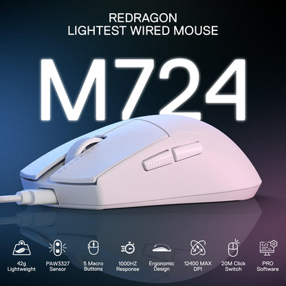 Redragon EU M724 Wired Gaming Mouse, 42G Ultra-Light 12,400 Max DPI Optical Gaming Mouse with 5 Programmable Buttons, Ergonomic Natural Grip Build, Software Supports DIY Keybinds & DPI