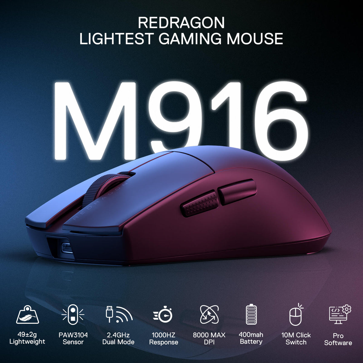 Redragon EU M916 Wireless Gaming Mouse, 49G Ultra-Light 8K DPI 2.4G Wireless Gaming Mouse w/Ergonomic Natural Grip Build, Full Programmable Buttons, Software Supports DIY Keybinds & DPI