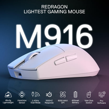 Redragon EU M916 Wireless Gaming Mouse, 49G Ultra-Light 8K DPI 2.4G Wireless Gaming Mouse w/Ergonomic Natural Grip Build, Full Programmable Buttons, Software Supports DIY Keybinds & DPI