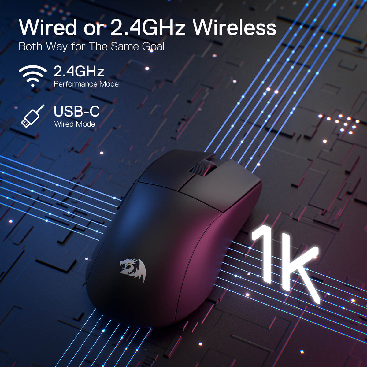 Redragon EU M916 Wireless Gaming Mouse, 49G Ultra-Light 8K DPI 2.4G Wireless Gaming Mouse w/Ergonomic Natural Grip Build, Full Programmable Buttons, Software Supports DIY Keybinds & DPI
