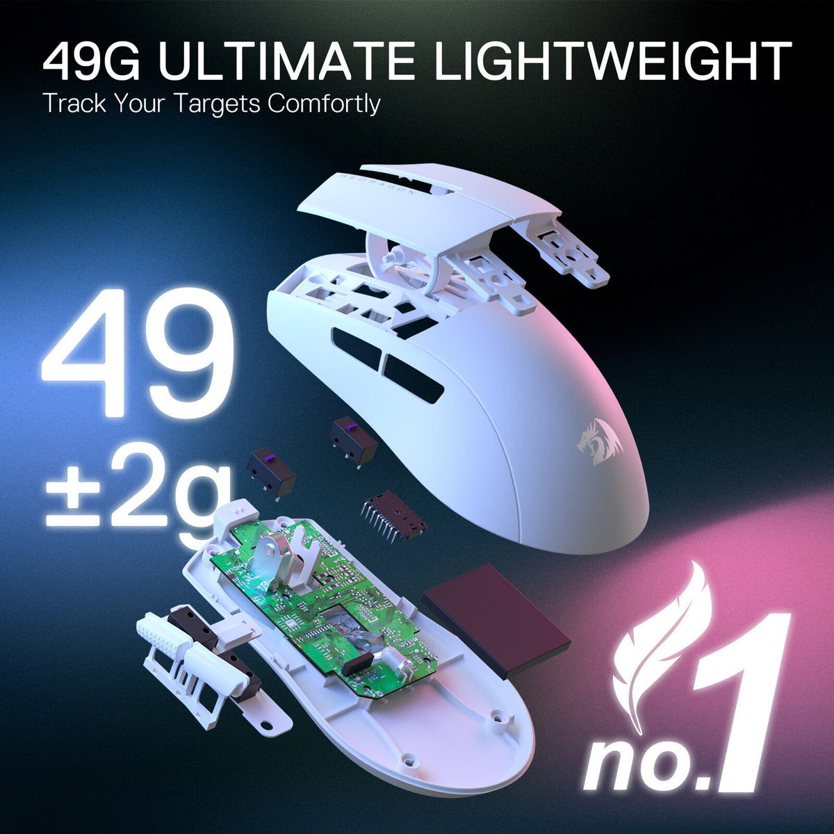 Redragon EU M916 STD 3-Mode Wireless Gaming Mouse, 49G Ultra-Light 24K DPI Mice w/Ergonomic Natural Grip Build, Full Programmable Buttons, Software Supports DIY Keybinds & DPI