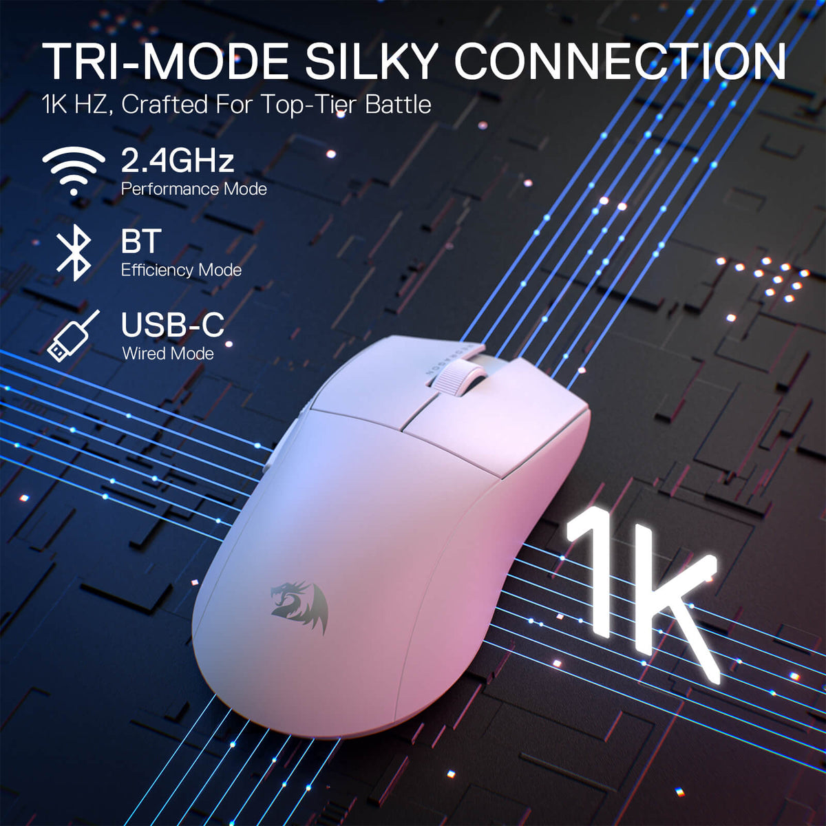 Redragon EU M916 STD 3-Mode Wireless Gaming Mouse, 49G Ultra-Light 24K DPI Mice w/Ergonomic Natural Grip Build, Full Programmable Buttons, Software Supports DIY Keybinds & DPI