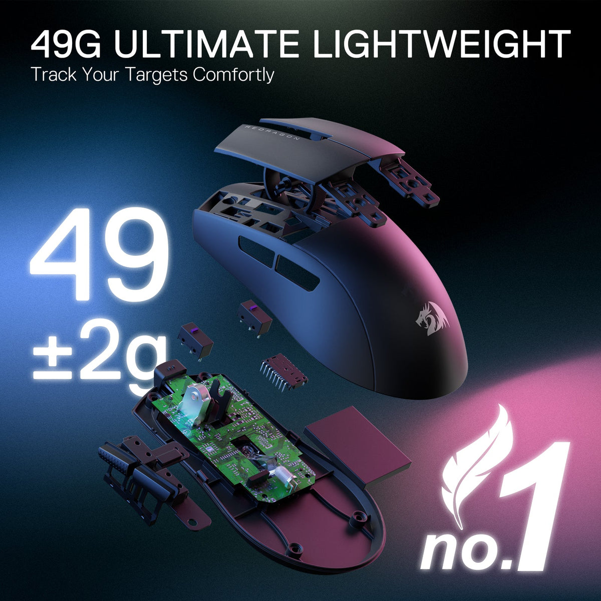 Redragon EU M916 LIT Wireless 1K Polling Rate Gaming Mouse, 49G Ultra-Light 30,000 Max DPI Gaming Mice w/Ergonomic Natural Grip Build, Full Programmable Buttons, Software Supports DIY Keybinds & DPI