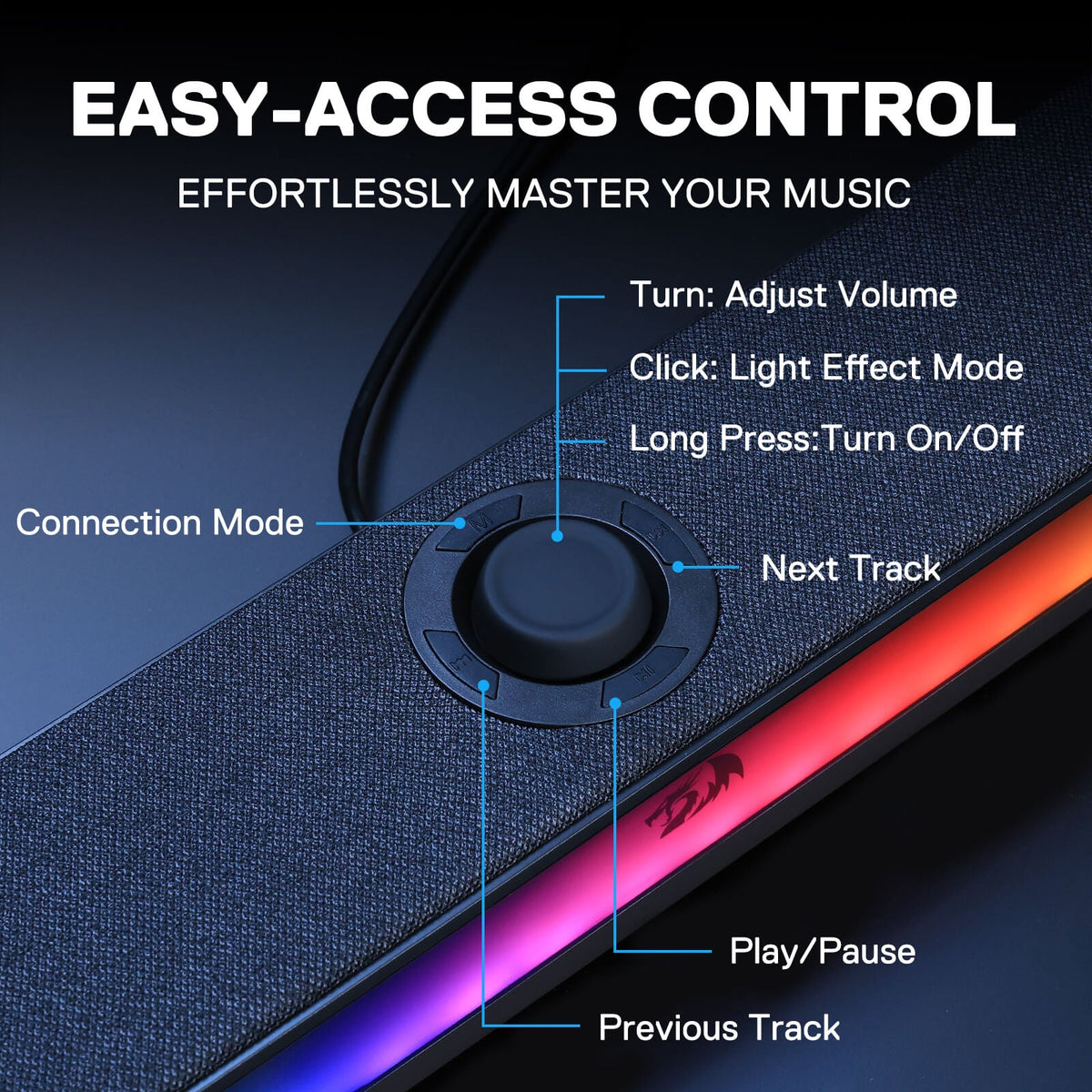 Redragon GS515 RGB Desktop Soundbar, 2.0 Channel Stereo Computer Speakers for Desktop with Bluetooth 5.3, USB-C/USB Powered, Black