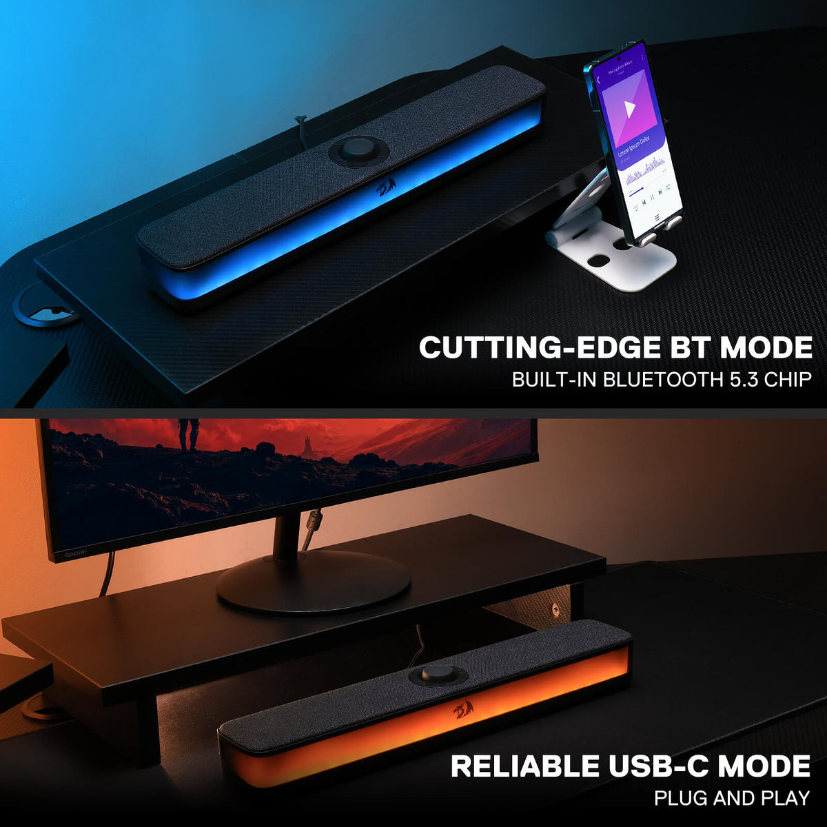 Redragon GS515 RGB Desktop Soundbar, 2.0 Channel Stereo Computer Speakers for Desktop with Bluetooth 5.3, USB-C/USB Powered, Black